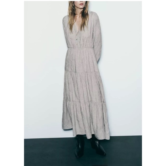 ZARA WOMAN GRAY EMBROIDERED TIERED MIDI DRESS - Picture 9 of 10